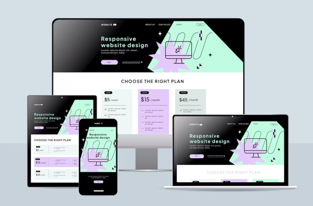 four devices with the same website on it, responsive website design words, and picture of computer screen on it